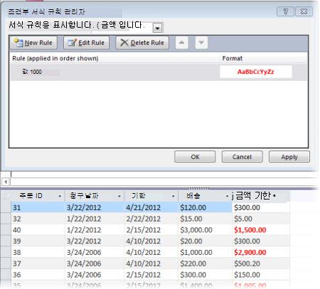 조건부 서식 규칙 및 레이아웃 보기에서 서식이 적용된 폼의 모양