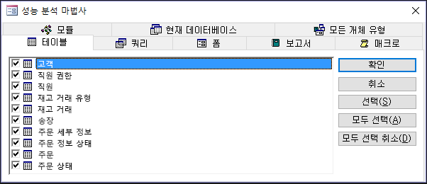Access의 성능 분석 마법사 대화 상자