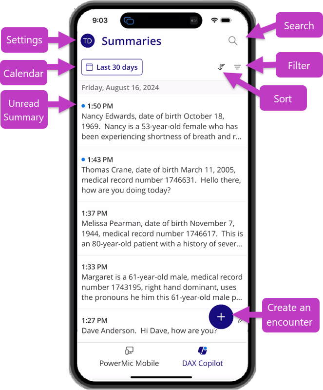 Arrows highlighted shows features associated with DAX Copilot mobile app