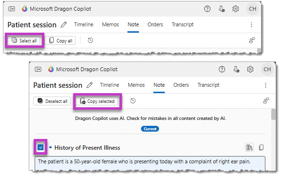 Select all and Copy selected buttons on the Note tab