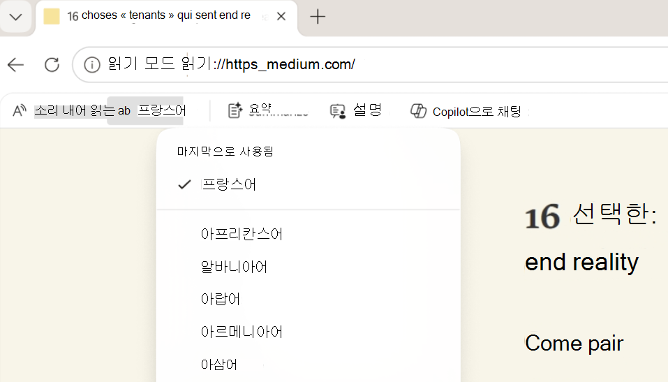 읽기 모드 번역의 스크린샷.