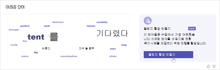 클라우드 단어를 보여 주는 스크린샷은 학생이 가장 많이 잘못 읽은 단어를 보여줍니다. 단어가 클수록 학생들이 오류를 범한 횟수도 늘어나게됩니다. 마우스가 눈에 띄는 단어 위로 마우스를 가져가면 팝업에서 단어가 52번 누락되었음을 보여 줍니다.