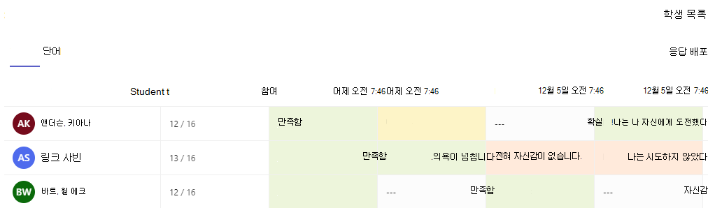 단어 탭의 스크린샷