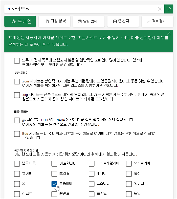 더 많은 항목을 클릭한 후 국가 및 지역 도메인 목록의 스크린샷
