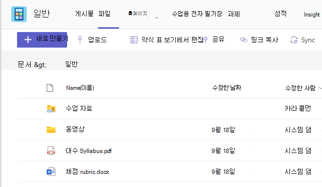 수업 자료 및 공유 파일을 보여 주는 Files 탭을 보여주는 스크린샷.