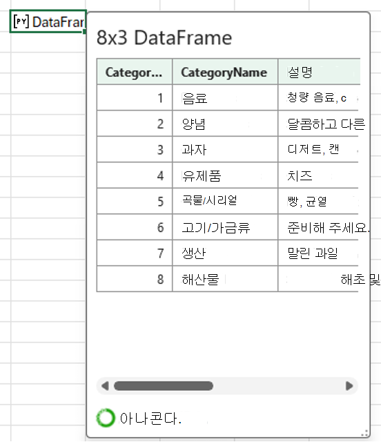 범주 데이터를 표시하는 Excel DataFrame 카드 열린 Python입니다.