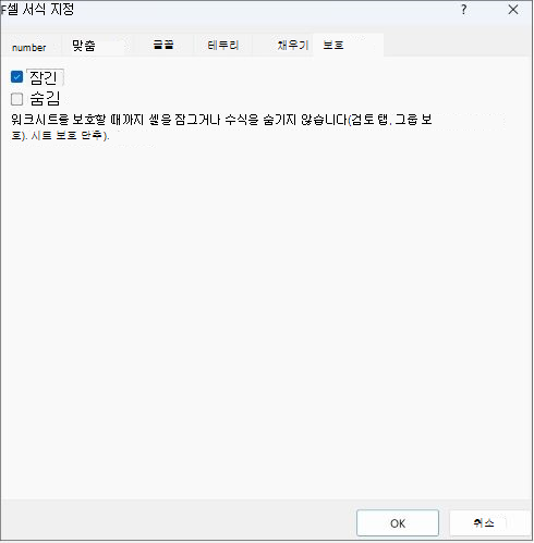 보호 탭의 잠긴 상자 스크린샷
