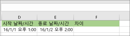 시작 날짜: 1/1/16 1:00 PM; 종료 날짜: 1/2/16 2:00 PM