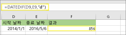 =DATEDIF(D9,E9,d)의 결과: 856