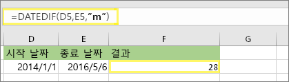 =DATEDIF(D5,E5,m) 및 결과: 28