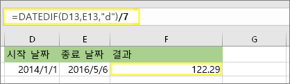 =(DATEDIF(D13,E13,d)/7) 및 결과: 122.29