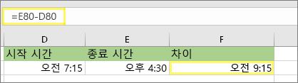 =E80-D80 및 결과: 오전 9:15