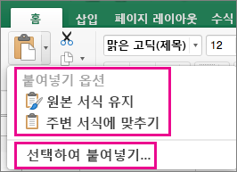 옵션과 선택하여 붙여넣기가 표시된 붙여넣기 메뉴