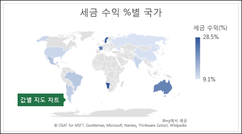 세수별 국가(%) 값이 표시된 Excel 지도 차트