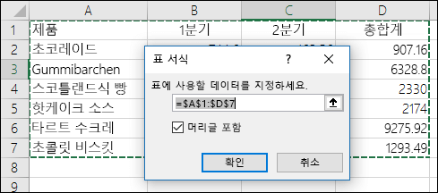 홈 탭의 표로 서식 옵션을 사용하여 데이터 범위를 자동으로 선택하는 예제