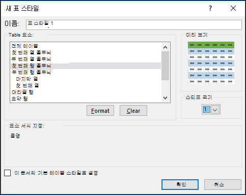 테이블에 사용자 지정 스타일을 적용하기 위한 새 테이블 스타일 대화 상자 옵션