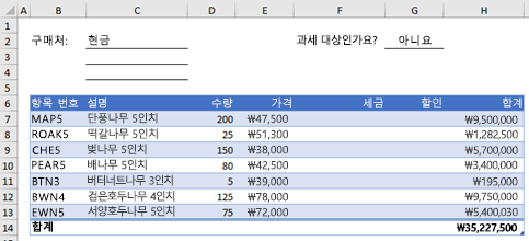 사용자 지정 함수가 없는 예제 순서 양식