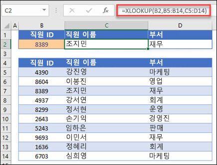 직원 ID를 기반으로 직원 이름 및 부서를 반환하는 데 사용되는 XLOOKUP 함수의 예입니다. 수식은 =XLOOKUP(B2,B5:B14,C5:D14,0,1)입니다.