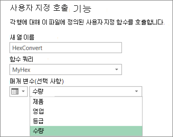사용자 지정 함수 호출 대화 상자