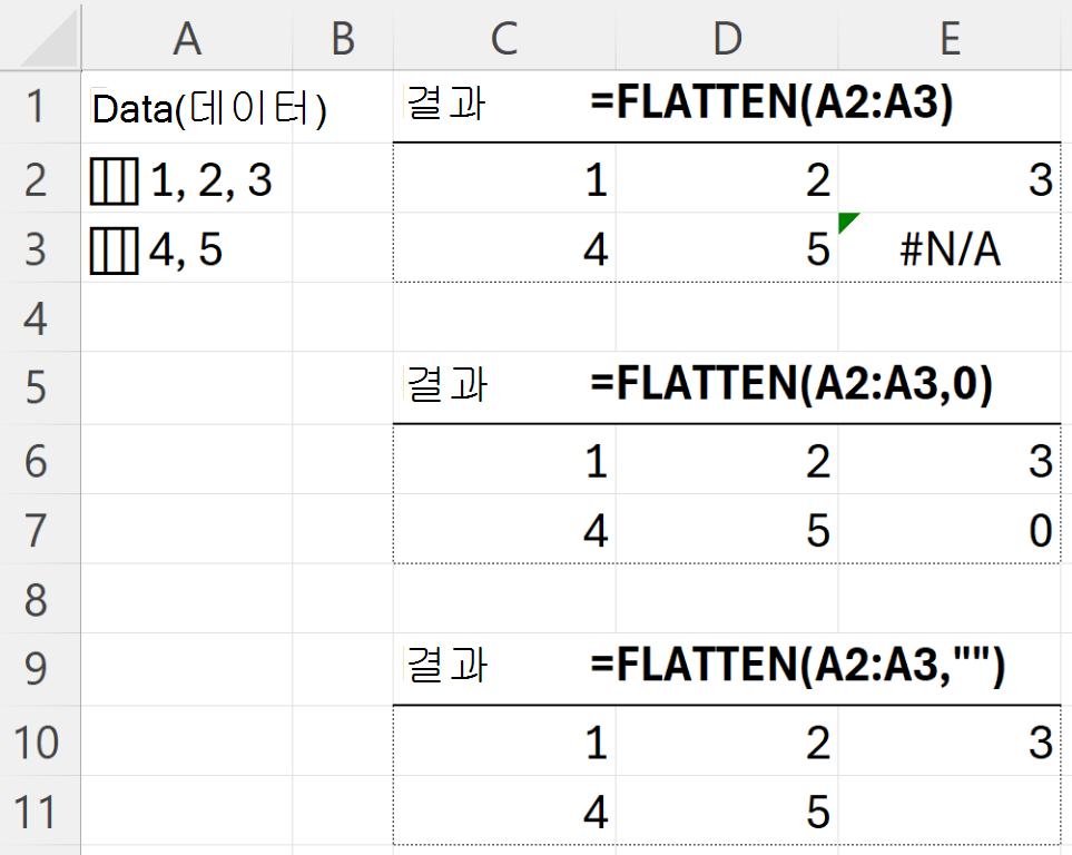 FLATTEN에서 pad_value 인수를 사용하여 들쭉날쭉한 결과의 #N/A 오류 바꾸기