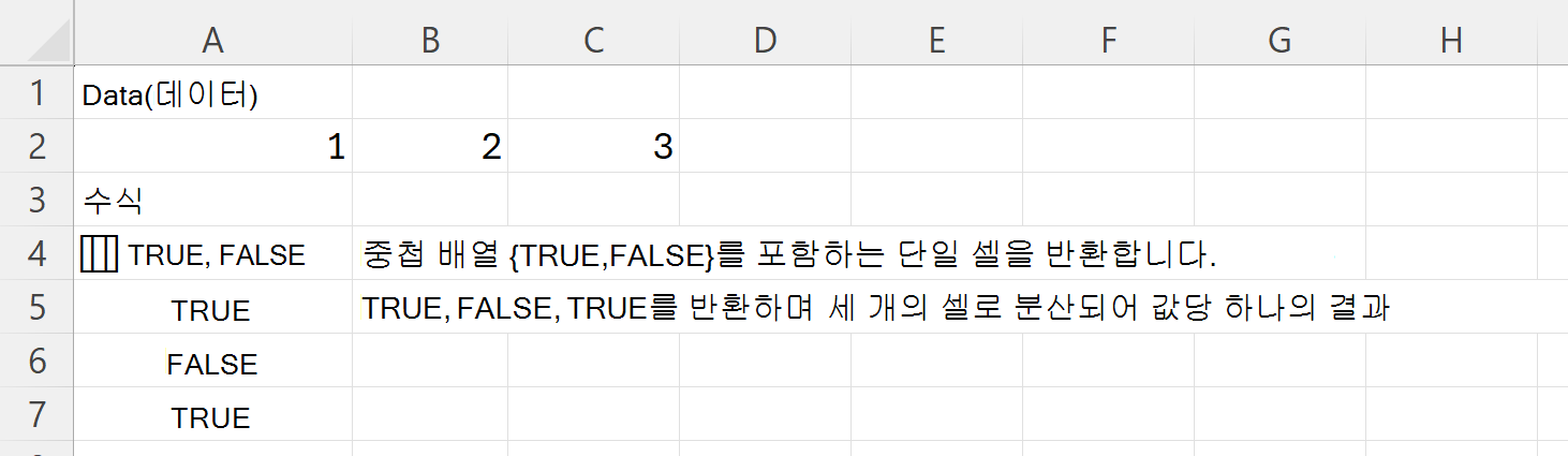 HAS는 단일 중첩 배열 셀에서 TRUE 및 FALSE를 반환하고 세 셀에서 TRUE, FALSE, TRUE를 반환합니다.