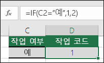 셀 D2에는 =IF(C2=Yes,1,2) 수식이 포함되어 있습니다.