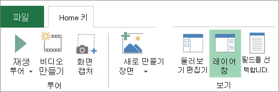 파워 맵 홈 탭의 레이어 창 단추를 보여주는 스크린샷
