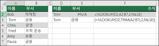 배열 수식에서 TRIM과 함께 VLOOKUP을 사용하여 선행/후행 공백을 제거합니다. E3 셀의 수식은 {=VLOOKUP(D2,TRIM(A2:B7),2,FALSE)}이며 Ctrl+Shift+ENTER를 사용하여 입력해야 합니다.