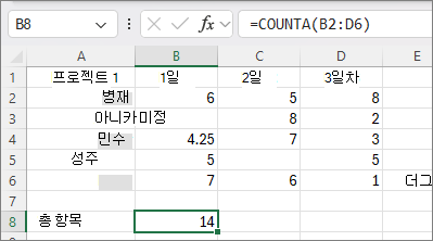 COUNTA 함수를 보여 주는 스크린샷.