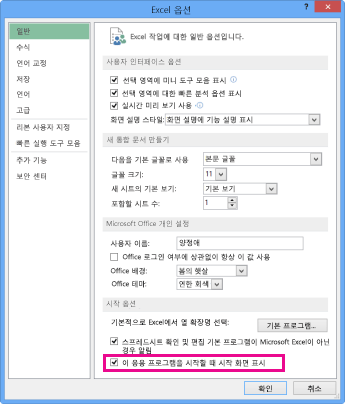 Excel 옵션 대화 상자의 시작 옵션