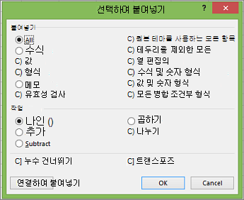선택하여 붙여넣기 대화 상자입니다.