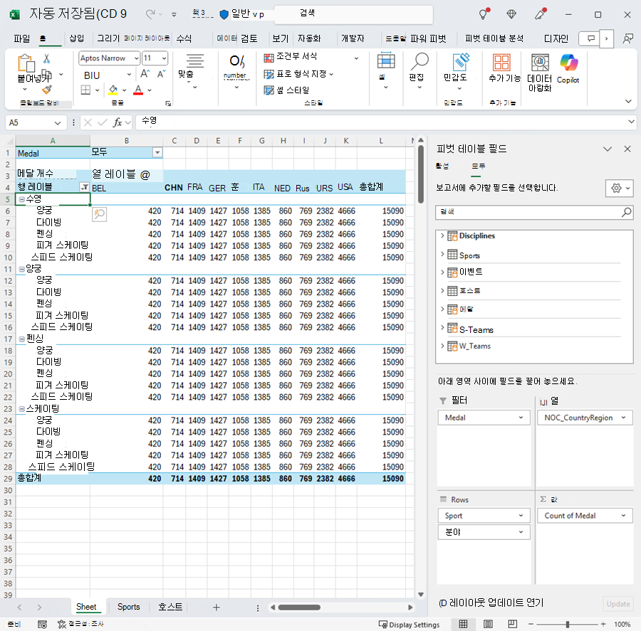 순서가 수정된 피벗 테이블