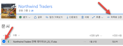 파일을 선택하고 맨 위에 고정을 클릭하여 문서 라이브러리에서 쉽게 액세스할 수 있도록