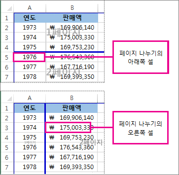 수동 페이지 나누기의 아래쪽 또는 오른쪽 셀
