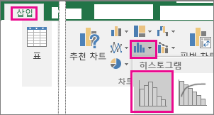 통계 차트 삽입 단추에서 연결된 히스토그램 명령