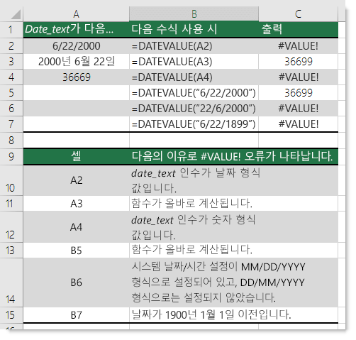 다양한 DATEVALUE 함수의 출력