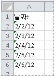 왼쪽 위에 녹색 오류 표시기가 있는 셀
