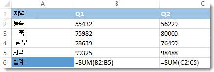 Excel 워크시트에 표시되는 수식