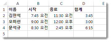 D 열에 경과 시간이 나열됨