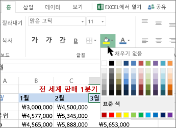 리본 메뉴의 채우기 단추 및 옵션