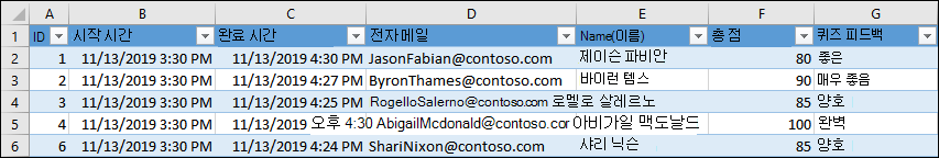 Excel 통합 문서에 퀴즈 결과 표시