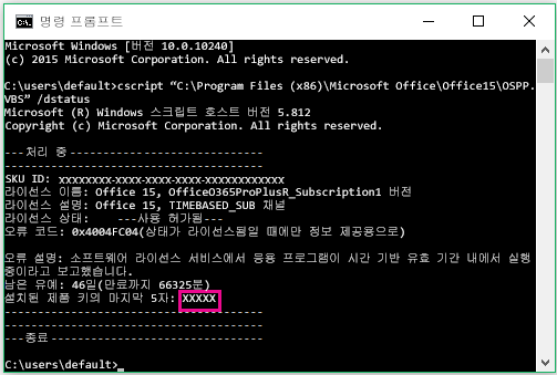 제품 키의 마지막 다섯 자리를 나타내는 명령 프롬프트