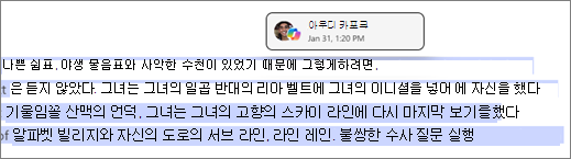 Copilot 페이지는 작성자 및 코필로트 타임스탬프를 식별합니다.