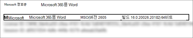 Word 버전, 빌드 및 비트 버전을 보여 주는 스크린샷