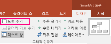 SmartArt 도구의 도형 추가 단추를 보여 줍니다.