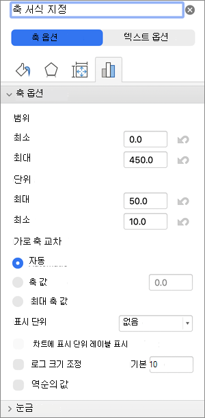 서식 축 대화 상자의 스크린샷