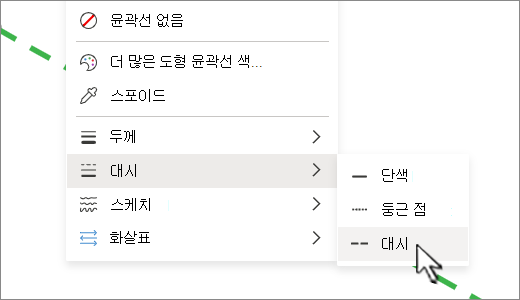 셰이프 탭의 도형 윤곽선 아래에서 실선이 파선 또는 점선으로 변경될 수 있습니다.