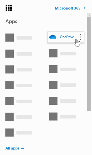 OneDrive 앱이 강조 표시된 Office 365 앱 시작 관리자