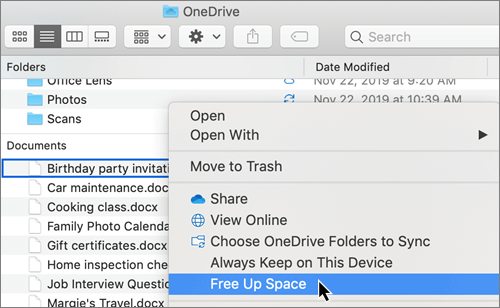Mac의 Finder에서 OneDrive Files 주문형 옵션 스크린샷
