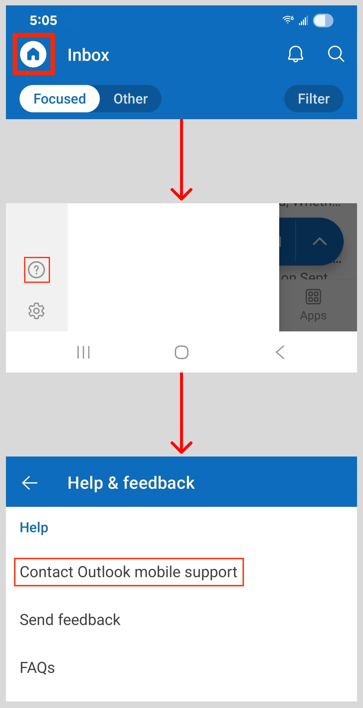 이 이미지는 Android용 Outlook에서 Outlook 모바일 지원 서비스에 문의하는 방법을 보여줍니다.